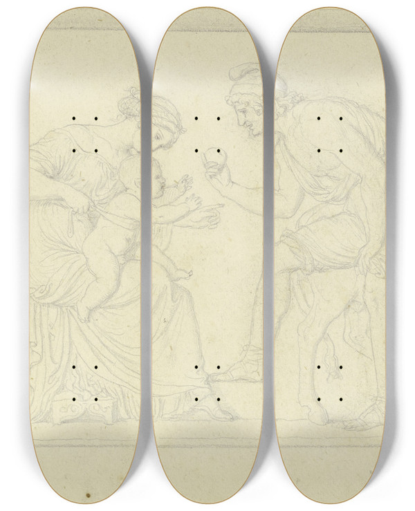 Triptych art skateboard deck of Gustav Kaupert Ein Bauer Reicht Einem Auf Dem Scho Der Mutter Sitzenden Kind Einen Apfel_2 by Gustav Kaupert (1819-1897)