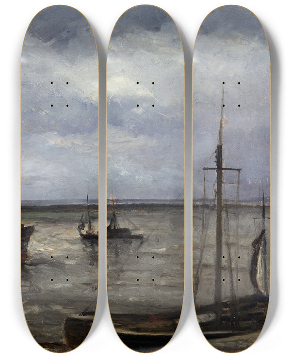 Triptych art skateboard deck of Louis Artan Quay In Antwerp by Louis Artan (1837-1890)