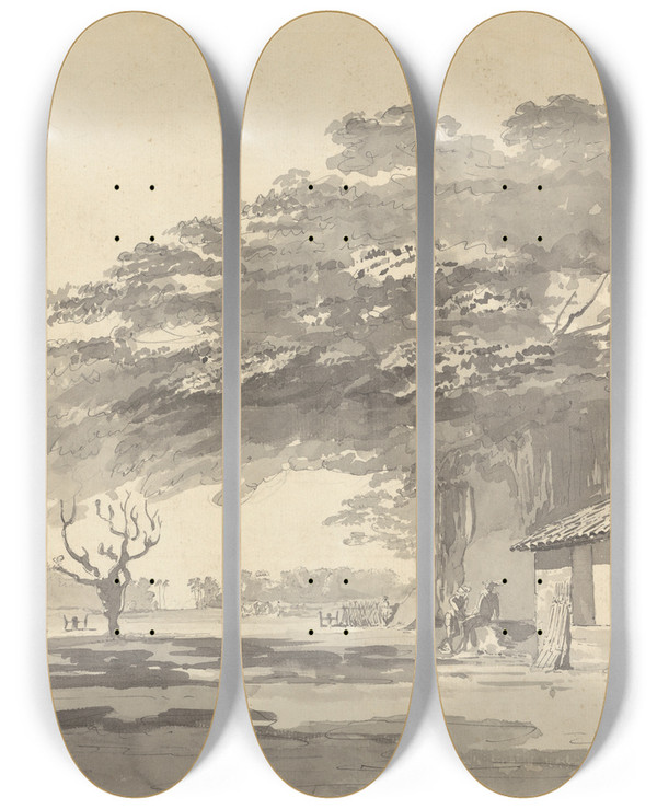 Triptych art skateboard deck of Samuel Davis Sepoys Resting Under Trees by Samuel Davis (1757-1819)