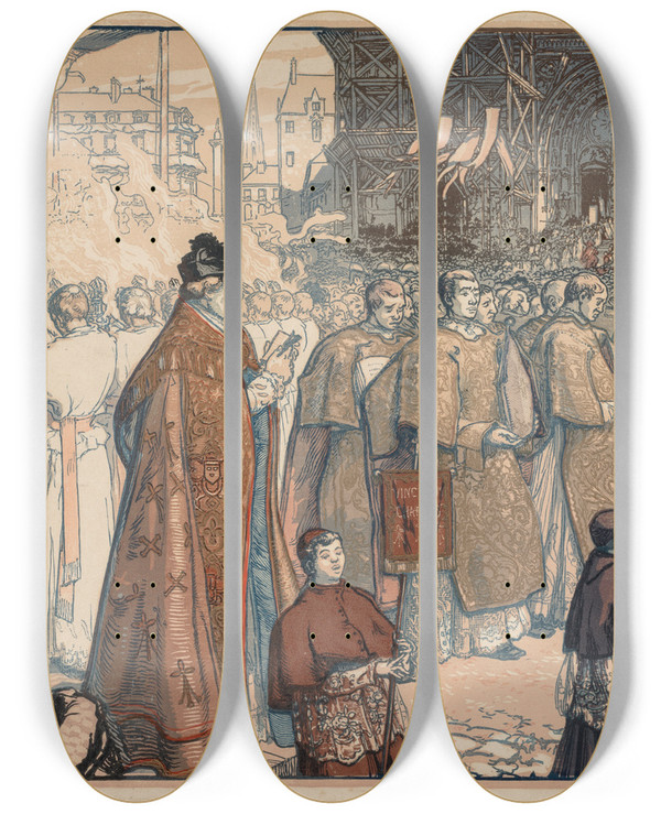 Triptych art skateboard deck of Auguste Louis Lepre La Procession De La Ftedieu Nantes by Auguste Louis Lepere (1849-1918)