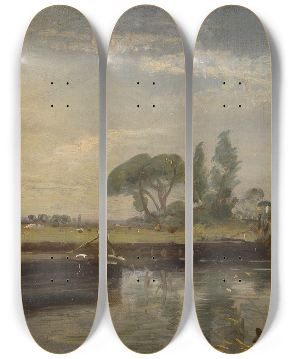 Triptych art skateboard deck of John Constable Barge Below Flatford Lock by John Constable (1776-1837)