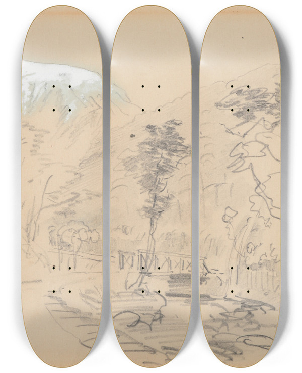 Triptych art skateboard deck of Nicholas Chevalier The Bealeys Bridge by Nicholas Chevalier (1828-1902)