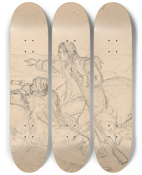 Triptych art skateboard deck of Adolph Tidemand Jegere by Adolph Tidemand (1814-1876)