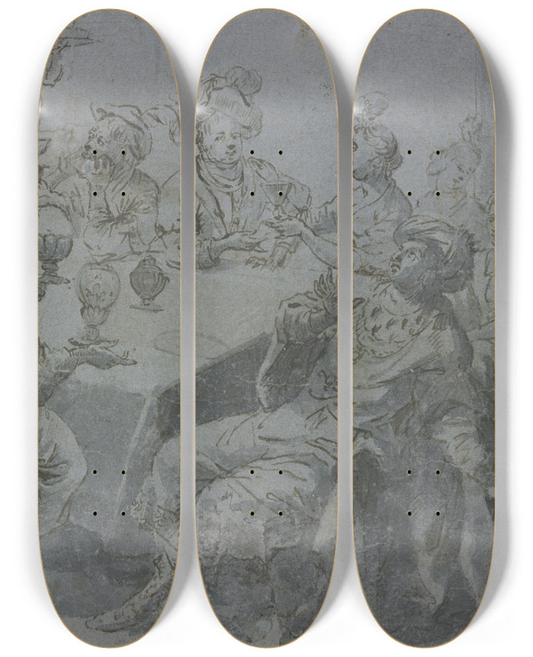 Triptych art skateboard deck of Leonaert Bramer Banquet Of Belshazzar by Leonaert Bramer (1596-1674)