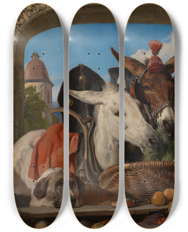 Triptych art skateboard deck of Sir Edwin Henry Landseer A Group Of Animals Geneva by Sir Edwin Henry Landseer (1802-1873)