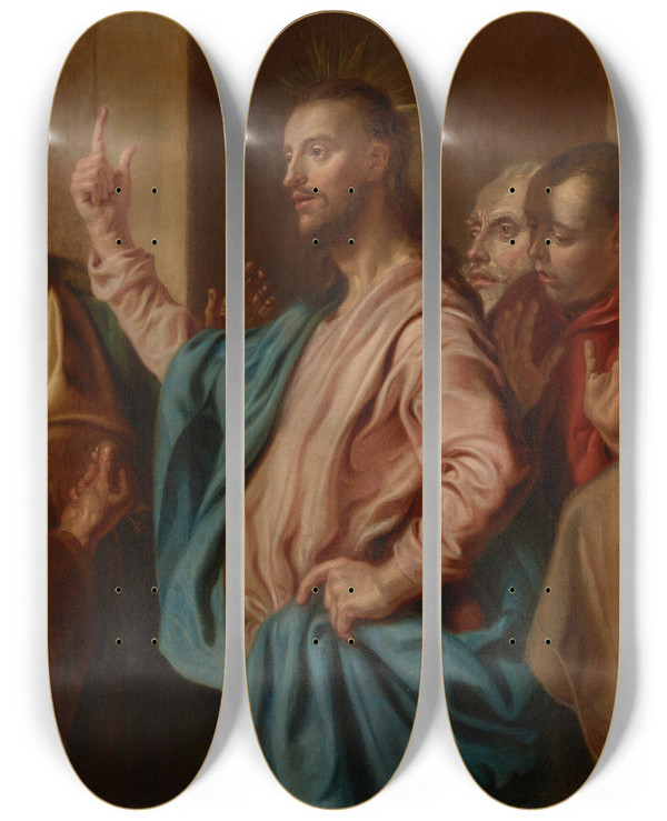 Triptych art skateboard deck of Pieter Claesz Soutman The Tribute Money by Pieter Claesz Soutman (1580-1657)