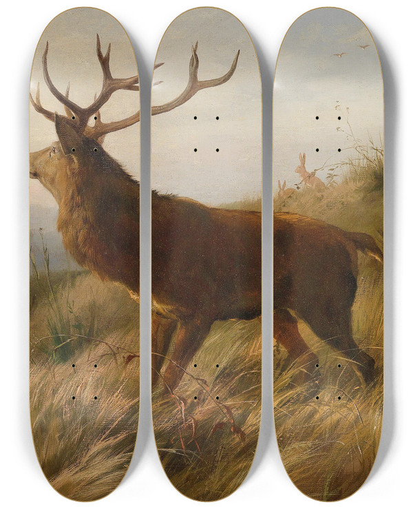 Triptych art skateboard deck of Carl Friedrich Deiker Rotwildrudel by Carl Friedrich Deiker (1836-1892)