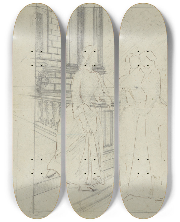 Triptych art skateboard deck of Jzef Simmler Szkic Kompozycji Z Trzema Kobietami by Jozef Simmler (1823-1868)