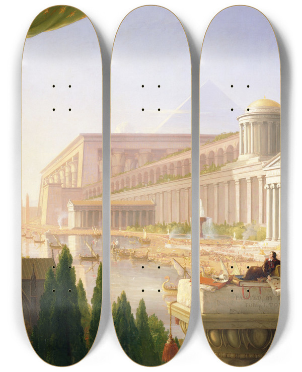 Triptych art skateboard deck of Thomas Cole Architects Dream by Thomas Cole (1801-1848)