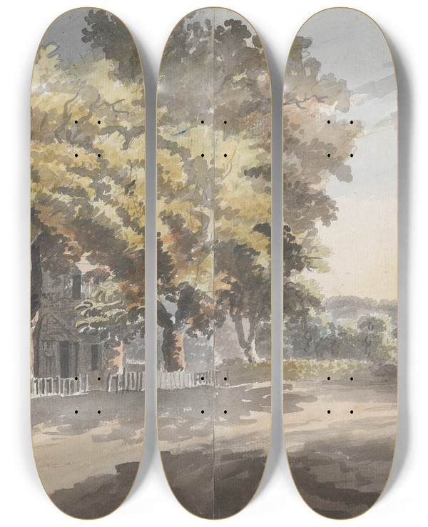 Triptych art skateboard deck of James Miller House Trees by James Miller (1773-1814)
