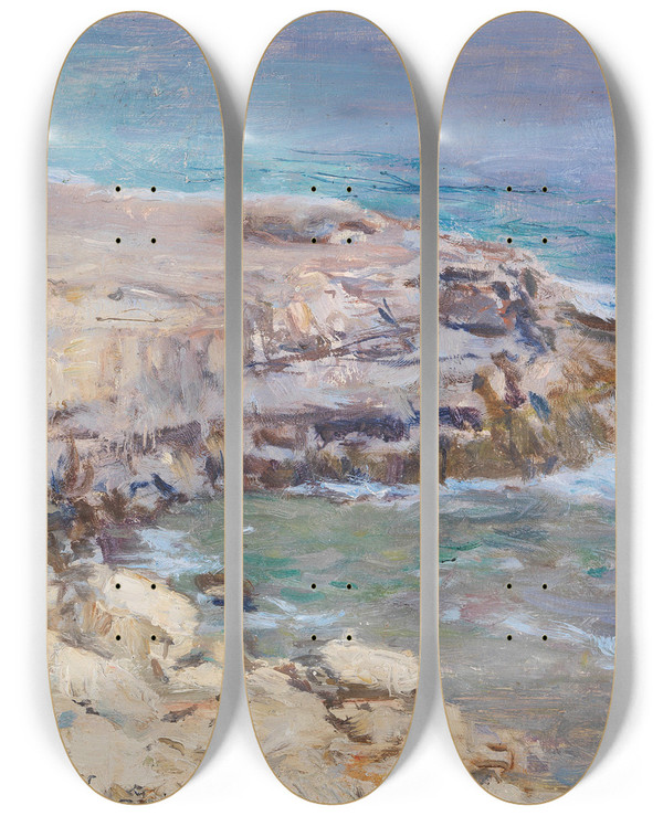 Triptych art skateboard deck of Alfred Zoff Felsige Kstenpartie by Alfred Zoff (1852-1927)