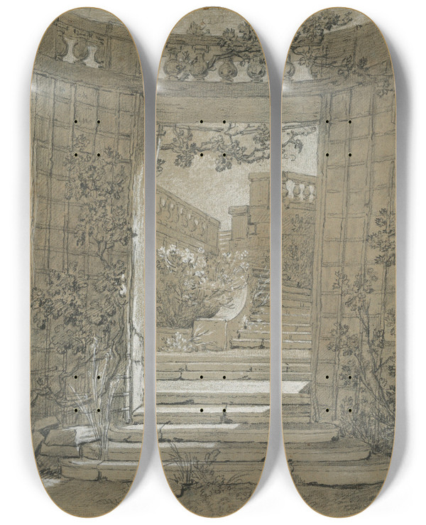 Triptych art skateboard deck of Jeanbaptiste Oudry Landscape With A Staircase And A Balustrade by Jean-Baptiste Oudry (1686-1755)