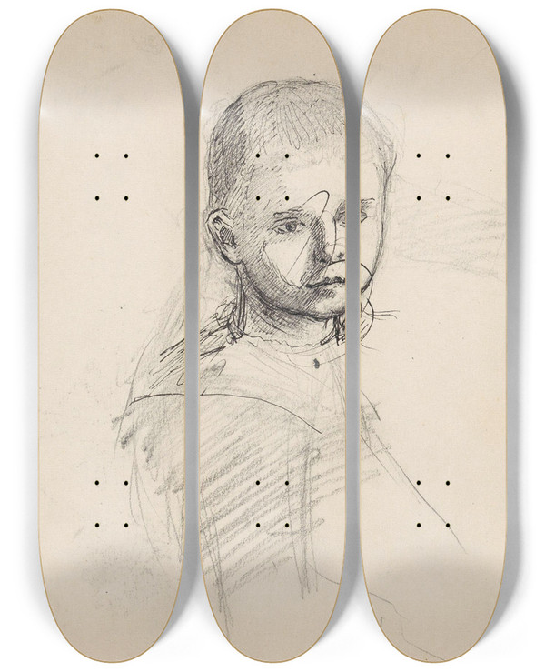 Triptych art skateboard deck of Signe Scheel Barneportrett Riss Av Ben Riss by Signe Scheel (1860-1942)