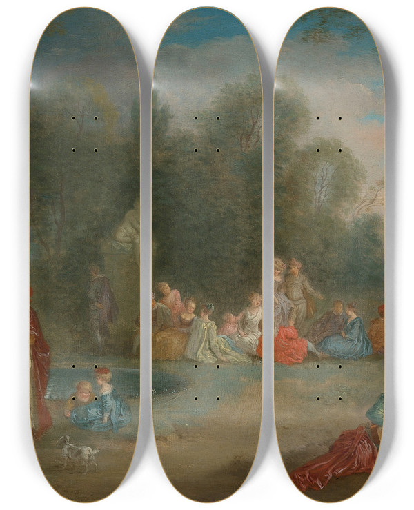 Triptych art skateboard deck of Christian Wilhelm Ernst Dietrich Fte Champtre by Christian Wilhelm Ernst Dietrich (1712-1774)