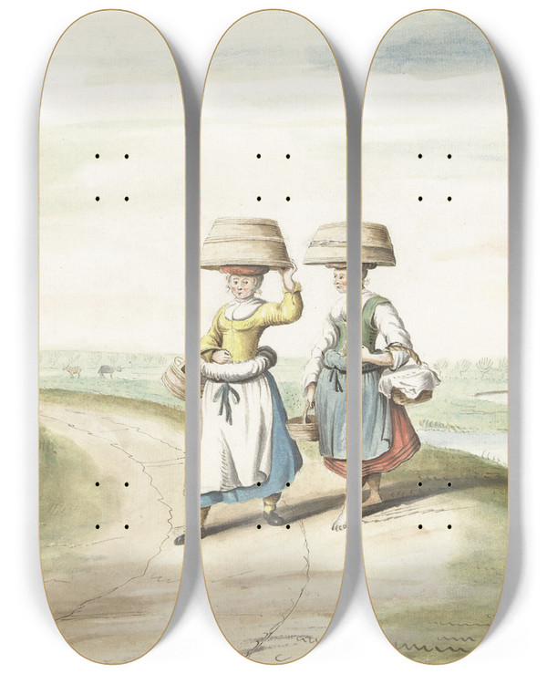 Triptych art skateboard deck of Gesina Ter Borch Twee Boerenvrouwen Lopend In Een Landschap by Gesina Ter Borch (1633-1690)