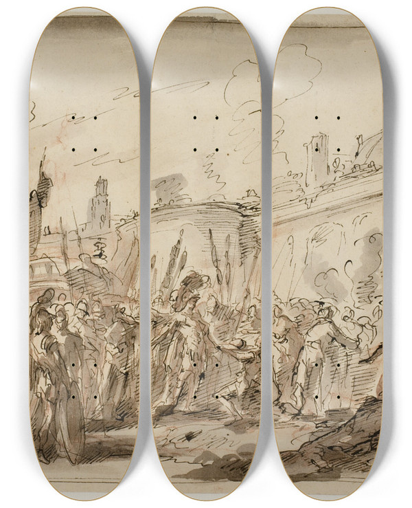 Triptych art skateboard deck of Giovanni Antonio Pellegrini Julius Csar Modtager Pompeius Afhuggede Hoved by Giovanni Antonio Pellegrini (1675-1741)