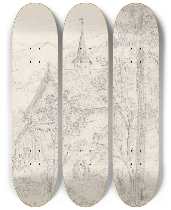 Triptych art skateboard deck of Adolph Tidemand Seljord Kirke by Adolph Tidemand (1814-1876)