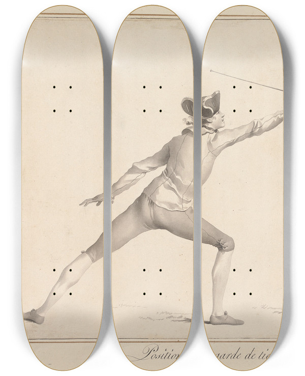 Triptych art skateboard deck of James Gwin Position De La Garde De Tierce Et Le Coup De Seconde by James Gwin (1720-1769)