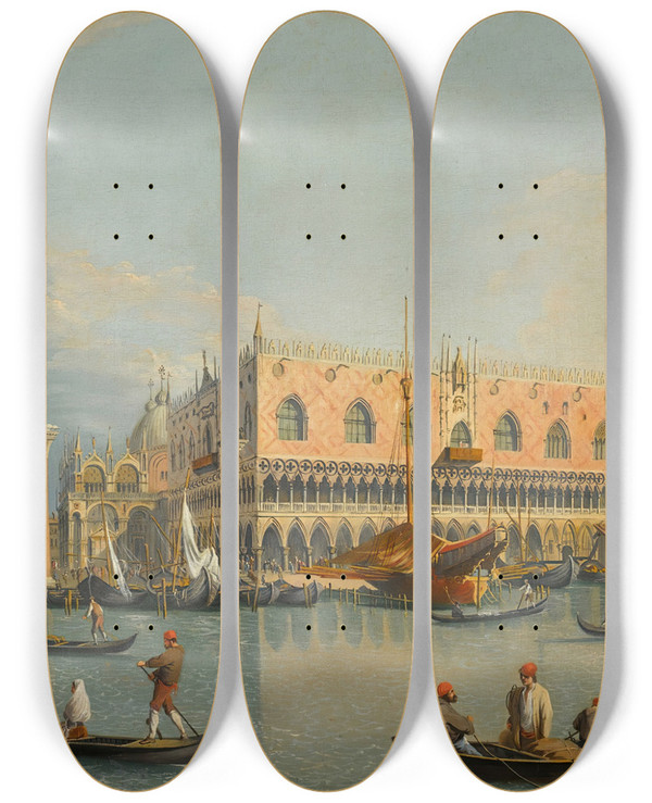 Triptych art skateboard deck of Manner Of Canaletto Venice A View Of The Molo From The Bacino Di San Marco With The Zecca And The Palazzo Ducale by Manner Of Canaletto (1697-1768)