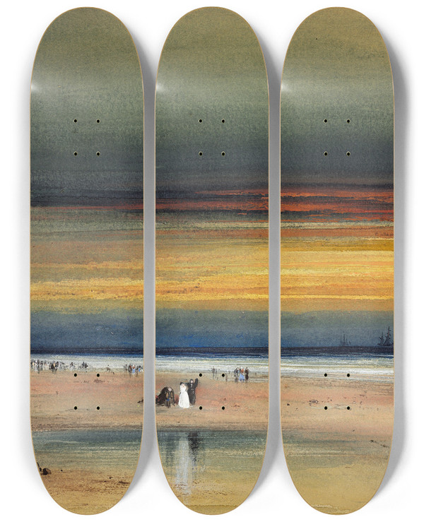 Triptych art skateboard deck of James Hamilton Beach Scene At Sunset by James Hamilton (1819-1878)