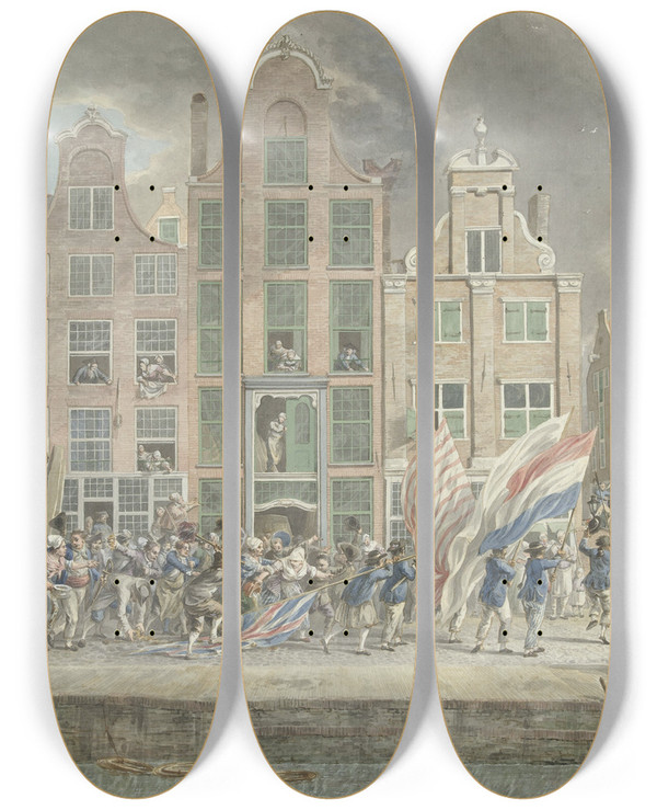 Triptych art skateboard deck of Dirk Langendijk Antiengelse Demonstratie Te Rotterdam 2 Maart 1781 by Dirk Langendijk (1748-1805)