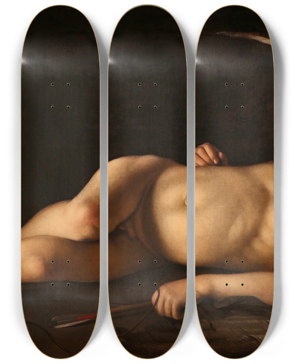 Triptych art skateboard deck of Caravaggio Sleeping Cupid by Caravaggio (1571-1610)
