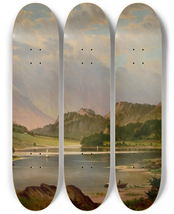 Triptych art skateboard deck of Frederick Debourg Richards Benvenue Rising Over Loch Achray Scotland by Frederick Debourg Richards (1822-1903)