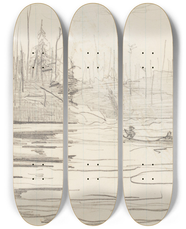 Triptych art skateboard deck of Winslow Homer Canoes On A Lake by Winslow Homer (1836-1910)