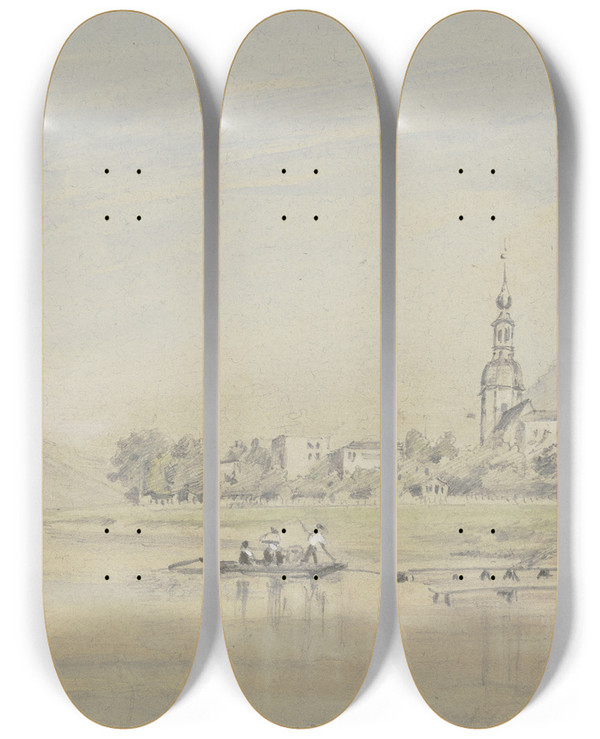 Triptych art skateboard deck of Friedrich Eugen Peipers View Of Schandau by Friedrich Eugen Peipers (1805-1885)