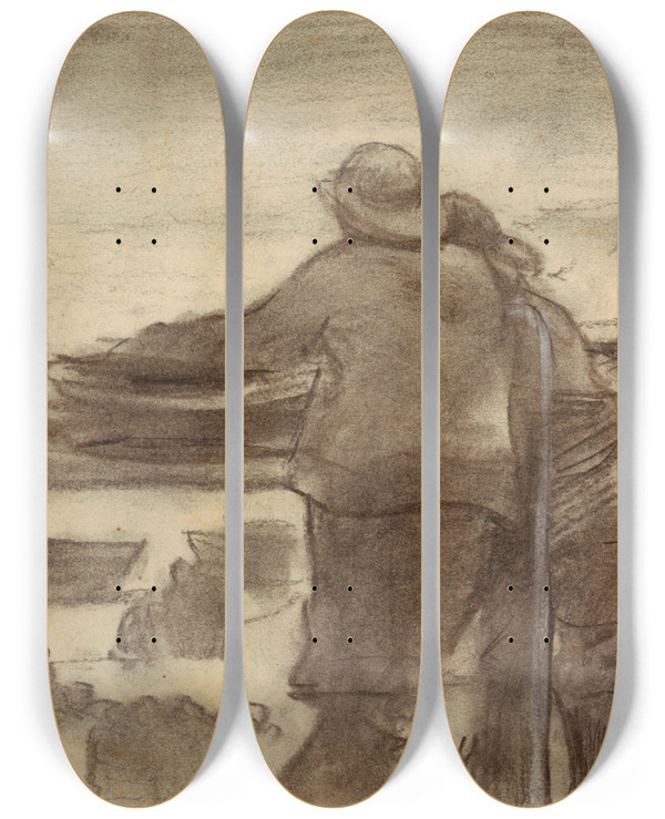 Triptych art skateboard deck of Winslow Homer Beach With Boats And People Cullercoats England by Winslow Homer (1836-1910)