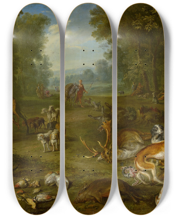Triptych art skateboard deck of Hendrik Van Balen Landscape With Diana And Her Bag by Hendrik Van Balen (1575-1632)