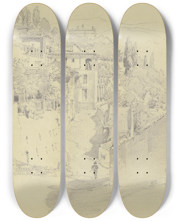 Triptych art skateboard deck of Fritz Bamberger Straenzug In Granada Im Vordergrund An Eine Mauer Gelehnt Eine Mutter Mit Zwei Kindern by Fritz Bamberger (1814-1873)