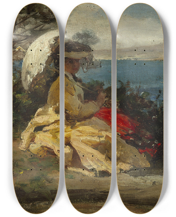 Triptych art skateboard deck of Jules Breton Femme Lombrelle Baie De Douarnenez by Jules Breton (1827-1906)