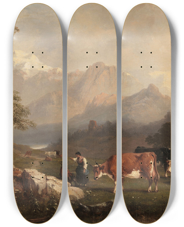 Triptych art skateboard deck of Jules Coignet Alpine Scene With Cattle Herders by Jules Coignet (1798-1860)