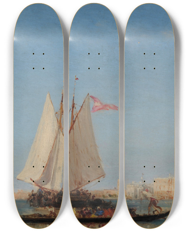 Triptych art skateboard deck of Flix Ziem Venise Lentre Du Grand Canal by Felix Ziem (1821-1911)