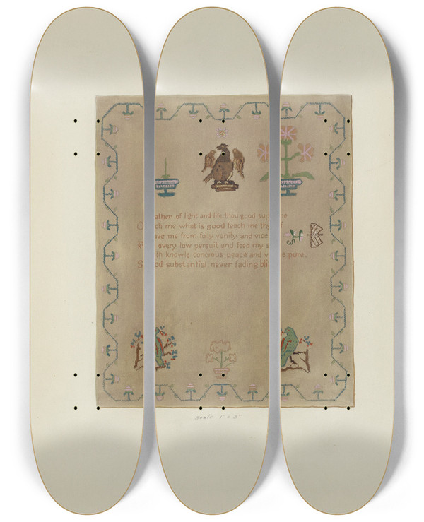 Triptych art skateboard deck of Clyde L Cheney Sampler by Clyde L Cheney