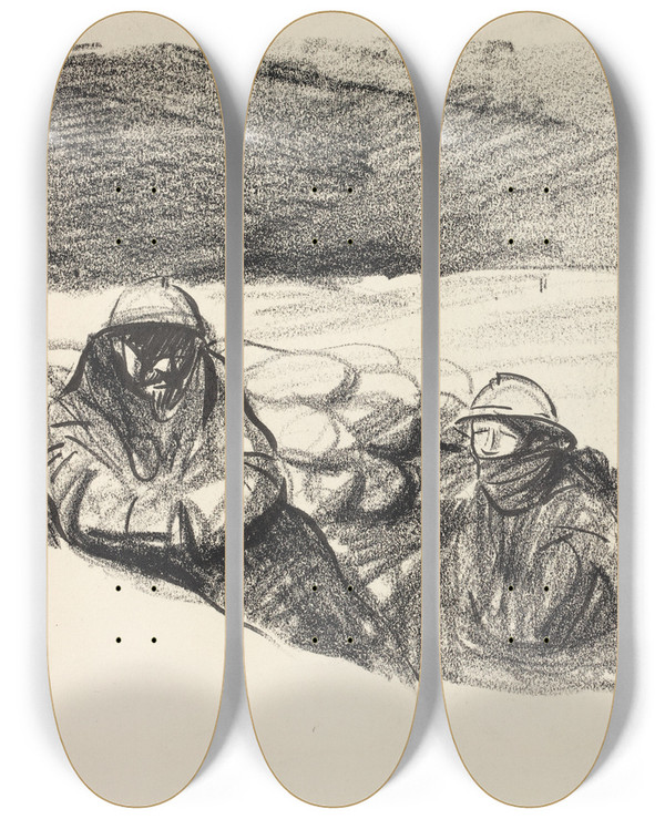 Triptych art skateboard deck of Jeanlouis Forain Two Soldiers In A Trench by Jean Louis Forain (1852-1931)