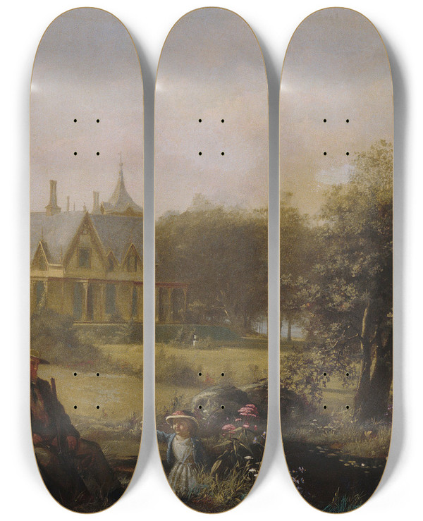 Triptych art skateboard deck of Jerome B Thompson Summer Flowers by Jerome B Thompson (1814-1886)