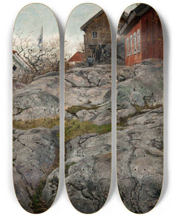 Triptych art skateboard deck of Frits Thaulow Rock Motif From Krager by Frits Thaulow (1847-1906)
