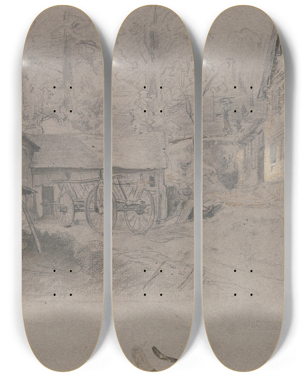 Triptych art skateboard deck of Jakob Frchtegott Dielmann Bauernhof Links An Den Stllen Bei Dem Mist Steht Ein Leiterwagen Rechts Das Wohnhaus Mit Zaun Im Hintergrund Bume by Jakob Furchtegott Dielmann (1809-1885)