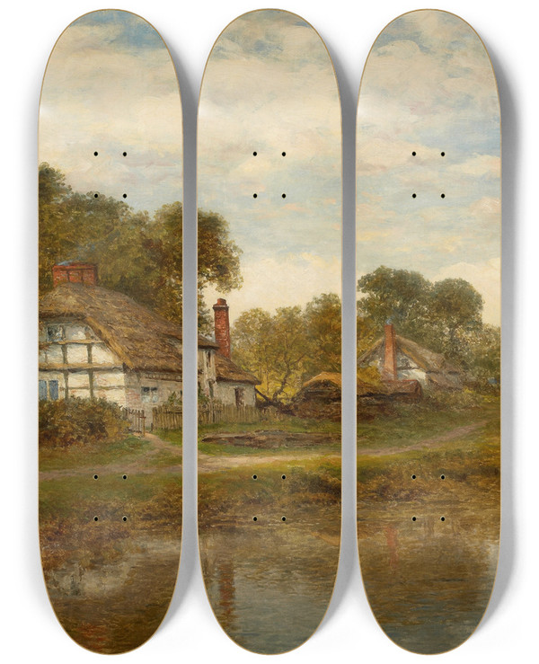 Triptych art skateboard deck of Benjamin Williams Leader Worcester Cottages by Benjamin Williams Leader (1831-1923)