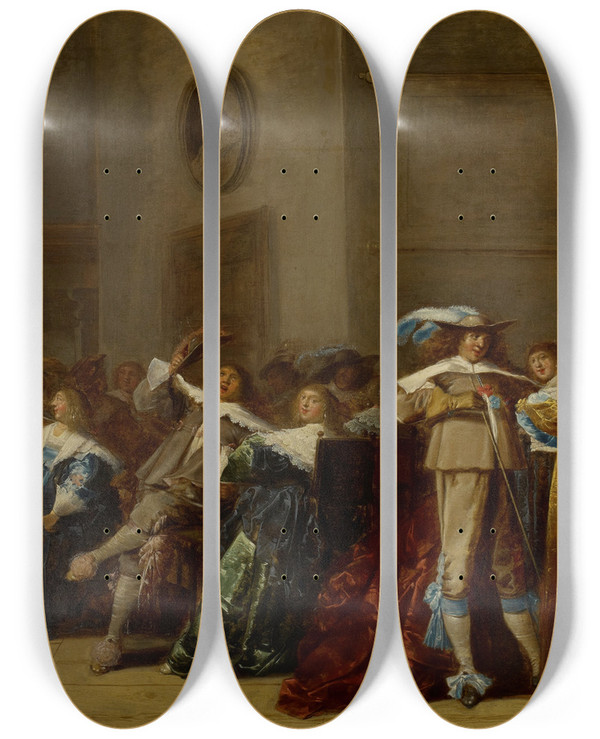 Triptych art skateboard deck of Dirck Hals The Merry Company by Dirck Hals (1591-1656)
