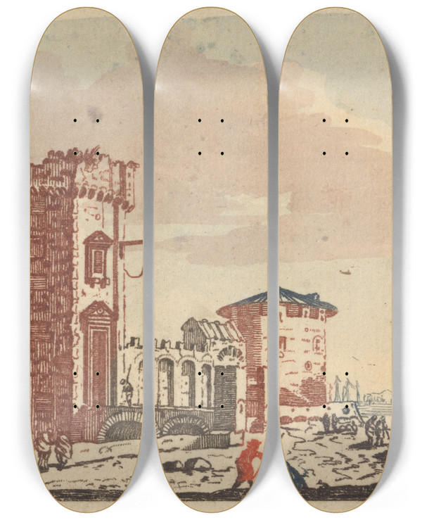 Triptych art skateboard deck of Johann Teyler Castles Ruins And Seascapes by Johann Teyler (1648-1709)