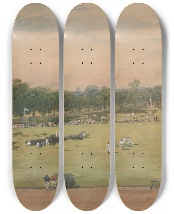 Triptych art skateboard deck of Walter Paris A Cricket Match Of The Royal Marine Artillery London by Walter Paris (1842-1906)
