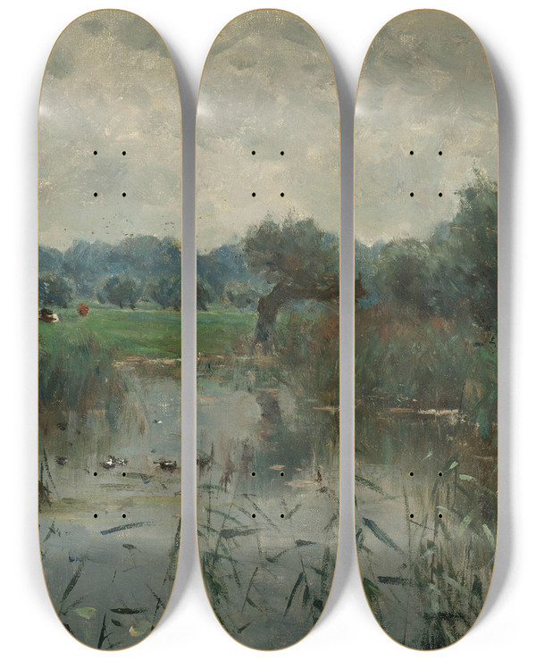 Triptych art skateboard deck of Willem Roelofs Water Meadows On The River Ijssel by Willem Roelofs (1822-1897)