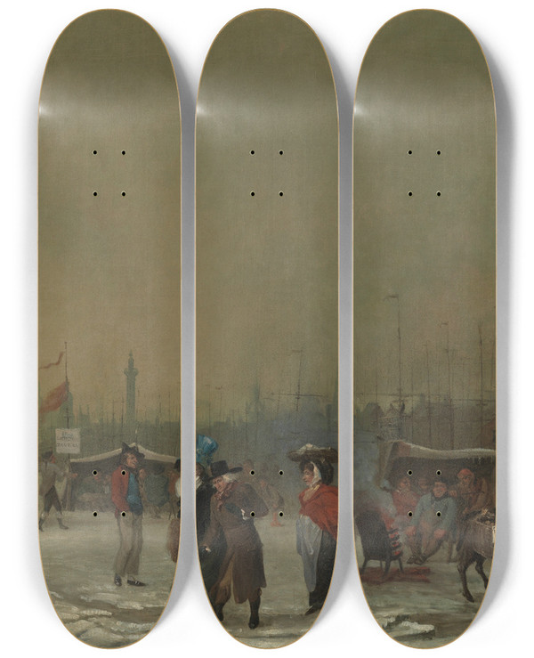 Triptych art skateboard deck of Samuel Collings Frost On The Thames by Samuel Collings (1784-1789)