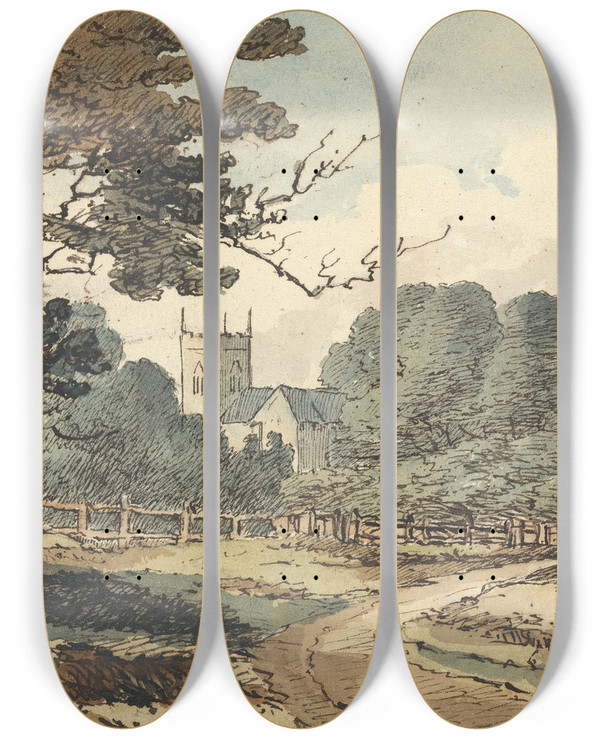 Triptych art skateboard deck of Thomas Bradshaw Rural Scene With Church by Thomas Bradshaw (1767)