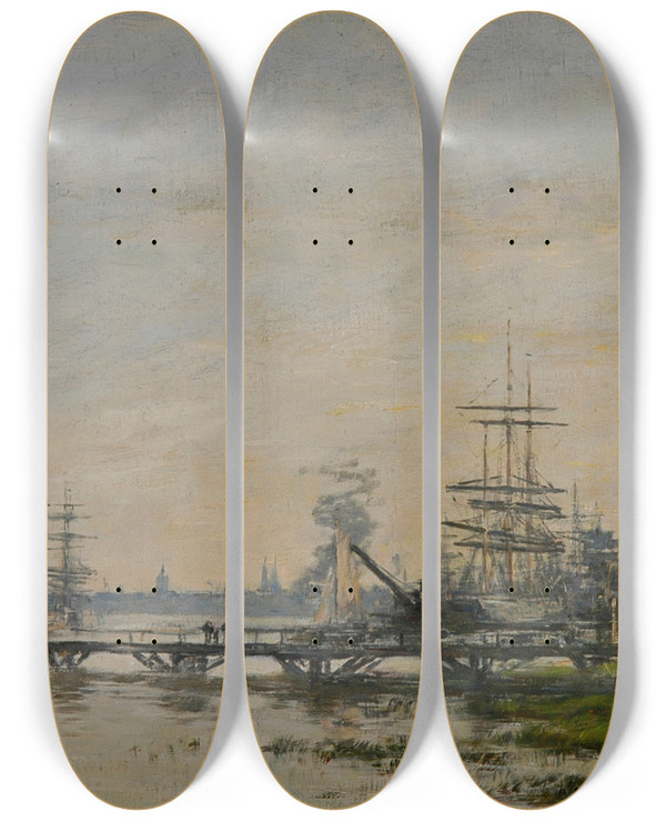 Triptych art skateboard deck of Eugne Boudin Le Port De Bordeaux Vu Du Quai De Bacalan by Eugene Boudin (1824-1898)