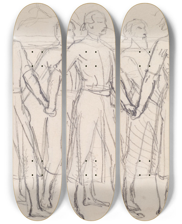 Triptych art skateboard deck of Sir John Everett Millais The Head Of Bran By George Meredith Study Of Seven Princes Carrying The Head Of Bran by Sir John Everett Millais (1829-1896)