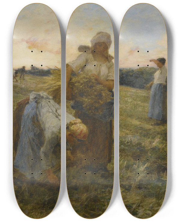 Triptych art skateboard deck of Lon Augustin Lhermitte Glaneuses Le Soir by Lon Augustin Lhermitte (1844-1925)